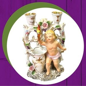 Antique Japan Porcelain Cherub Double Candlestick w Trinket Holder Figurine